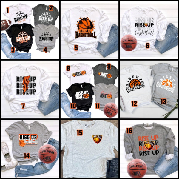 A collection of basketball themed shirts and jeans.