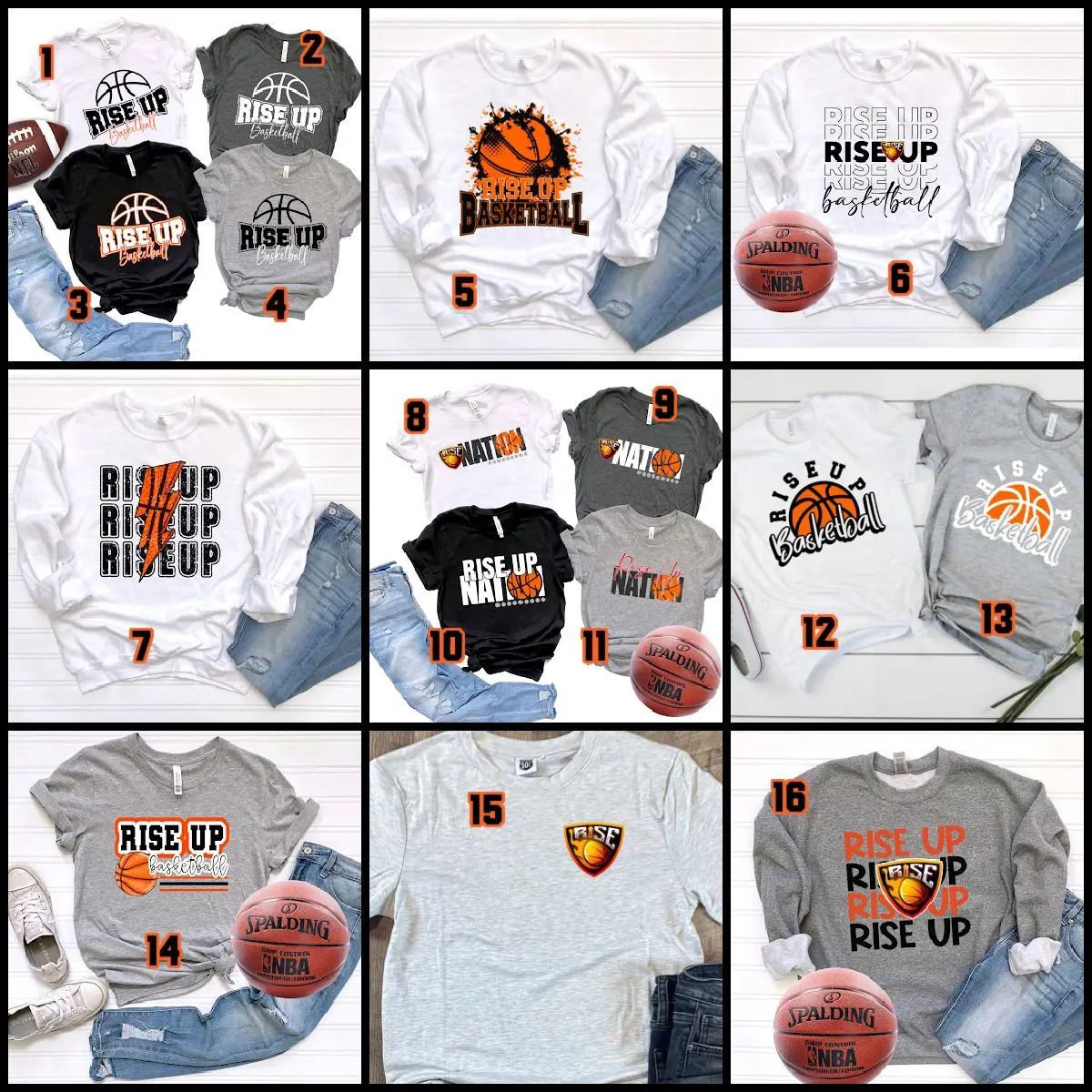 A collection of basketball themed shirts and jeans.