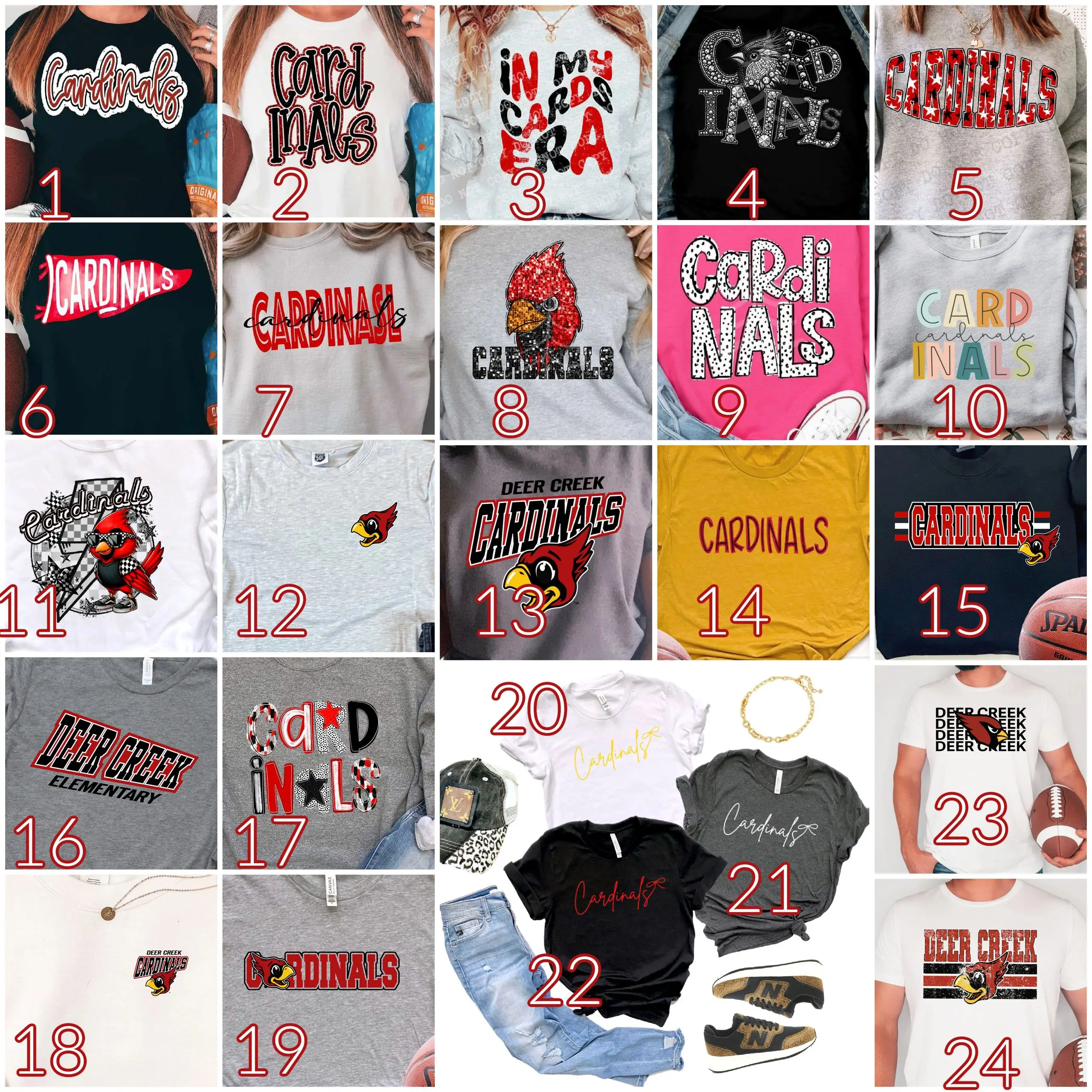A collection of different shirts with various designs.