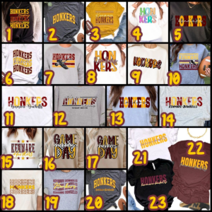 A number of different shirts with numbers on them