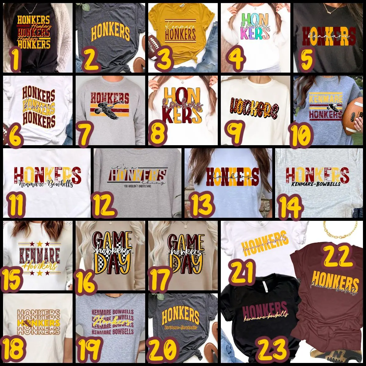 A number of different shirts with numbers on them