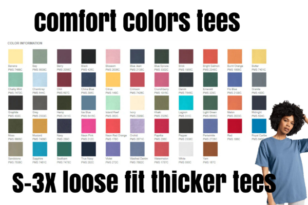A color chart of different colors and sizes.
