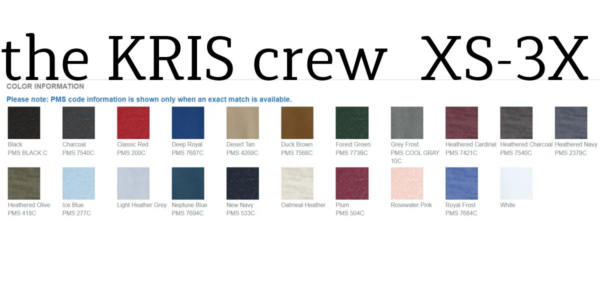 A color chart of various colors for the oris crew x.