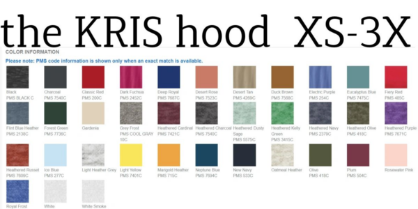 A color chart of various colors for hoods.
