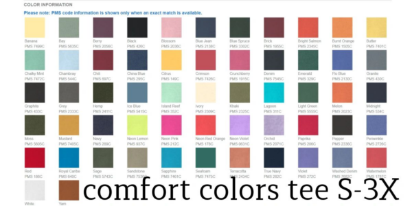 A color chart of different colors and their names.