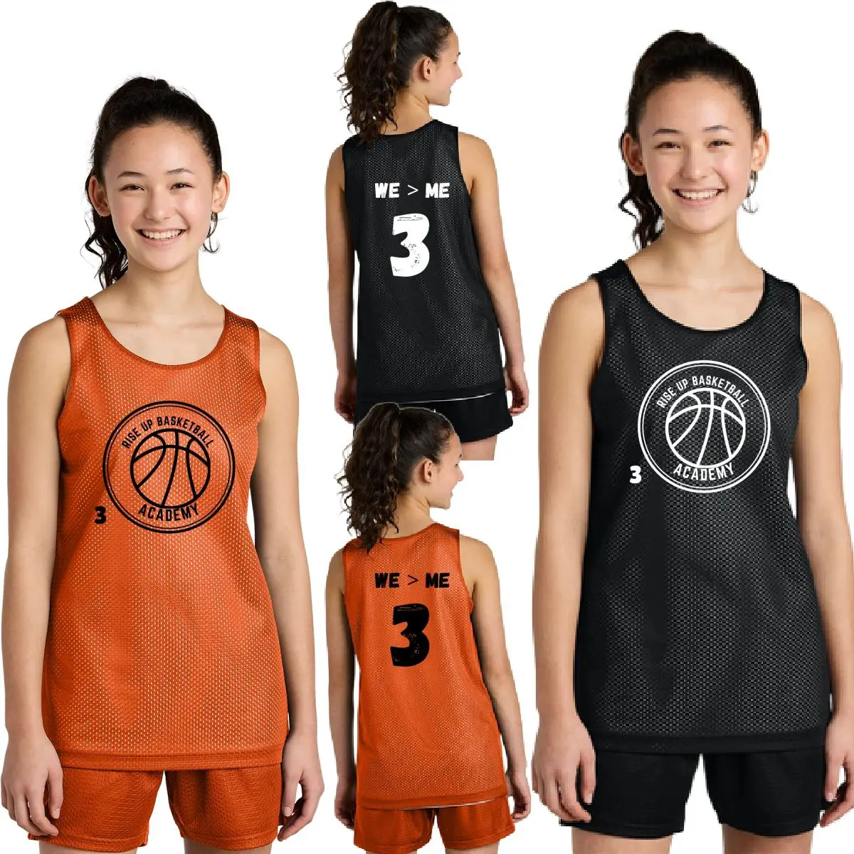 A girl wearing basketball uniforms and shorts.