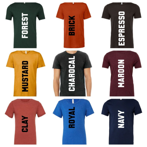 A group of different colored shirts with the names of each color.
