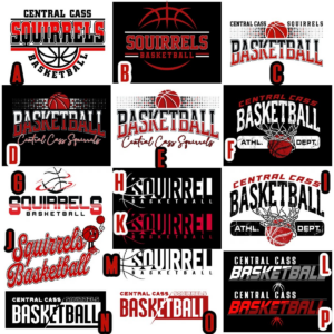 A bunch of different basketball shirts with the words central case squirrels on them.