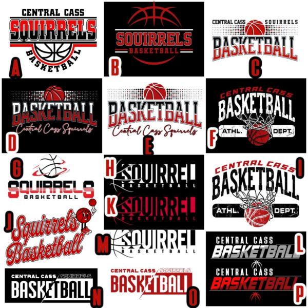 A bunch of different basketball shirts with the words central case squirrels on them.