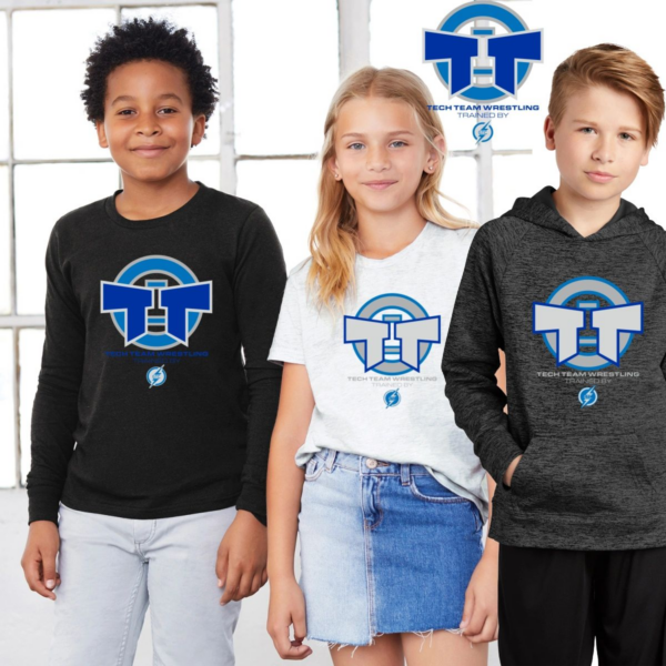 Three children wearing different colors of shirts and hats
