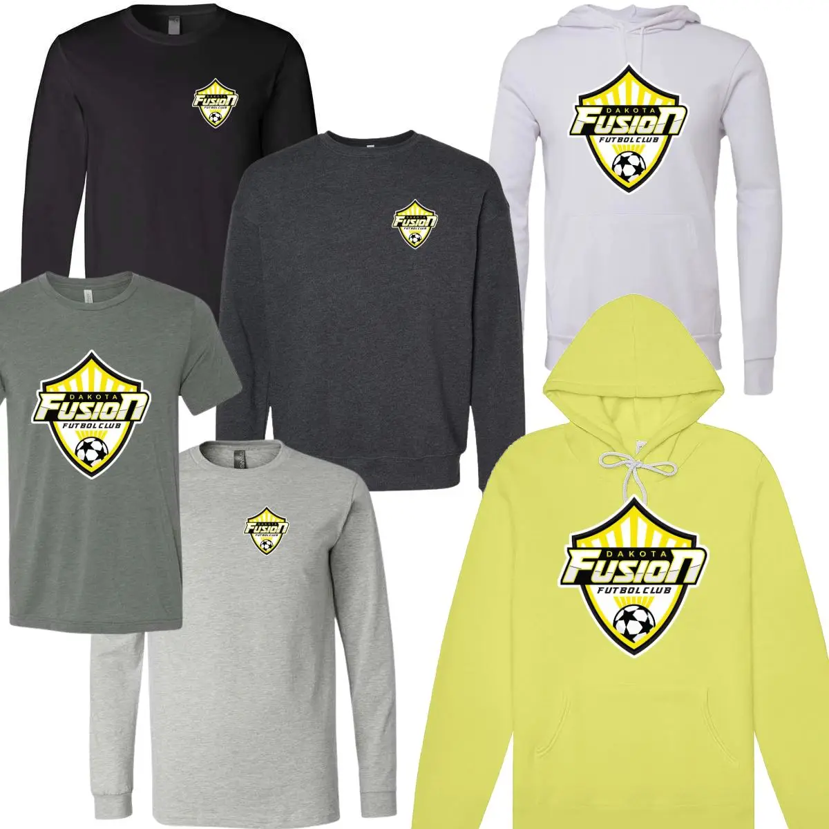 A group of different colored shirts and hoodies.