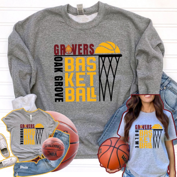 A gray sweatshirt with the words " oak grove basketball " on it.