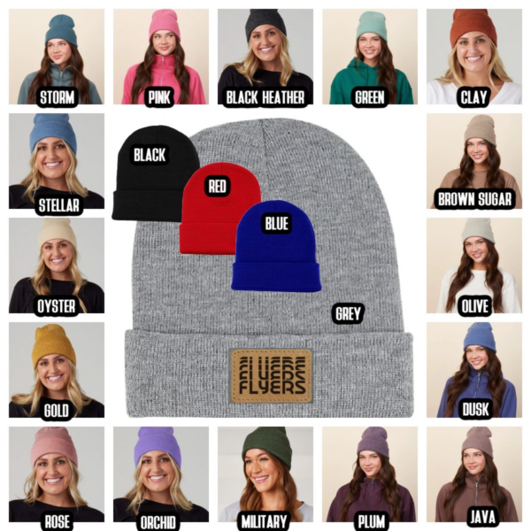 A bunch of different colored hats with the names of each hat.
