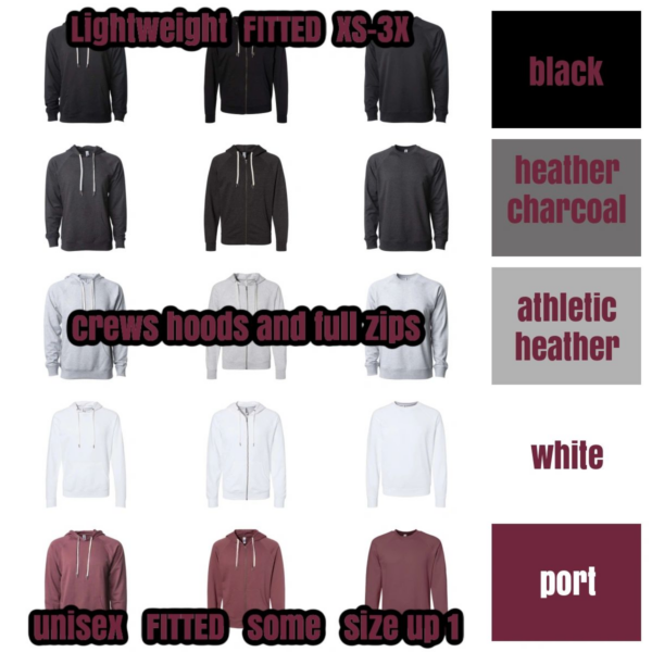 A bunch of different types of hoodies and sweatshirts.