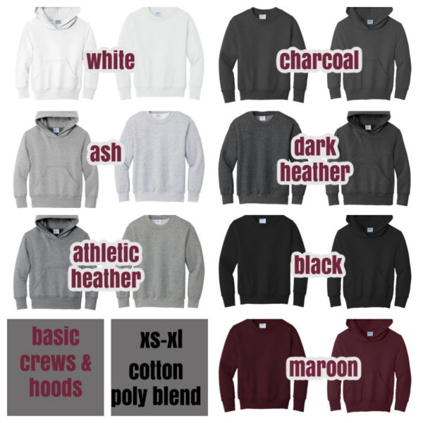 A picture of different colors and styles of hoodies.