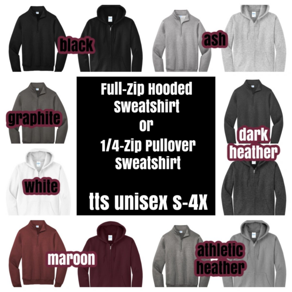 A bunch of different colored hoodies with the names of each color.