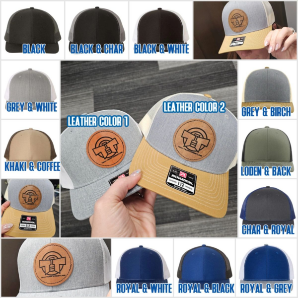 A variety of hats with leather patches on them.