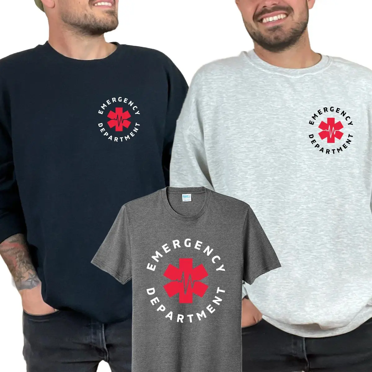 Three men wearing emergency department shirts and one has a red cross on the chest.
