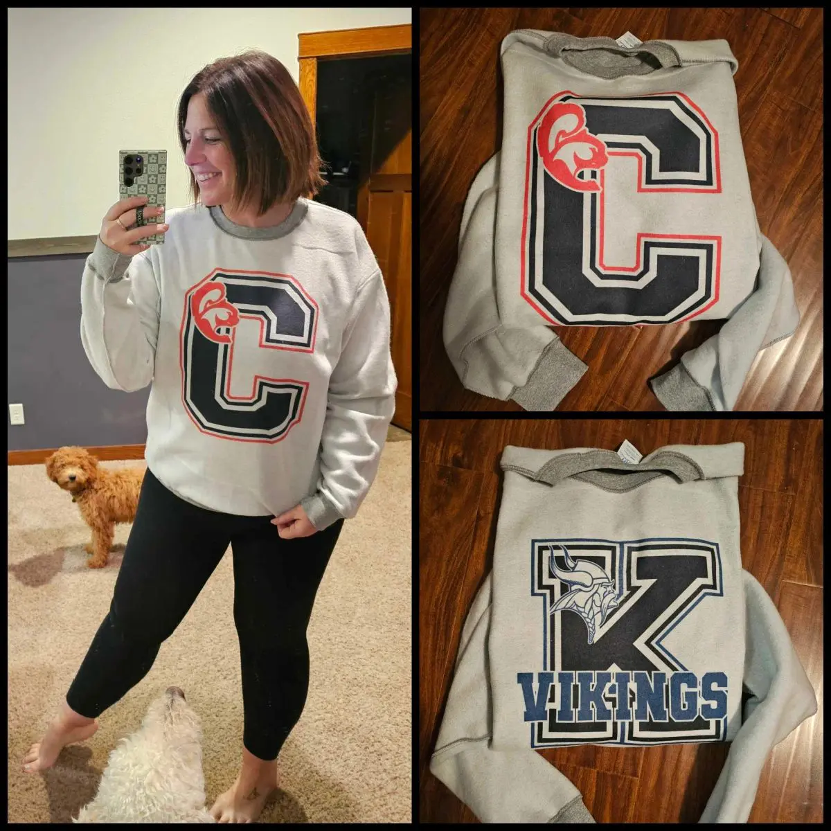 A woman taking a picture of her sweatshirt.