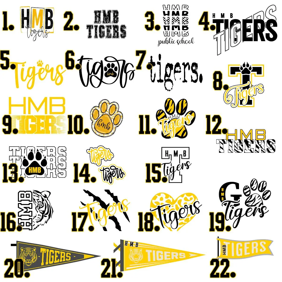 A bunch of different tigers with numbers on them