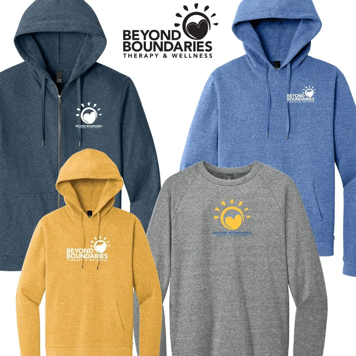 A group of four different colored hoodies.