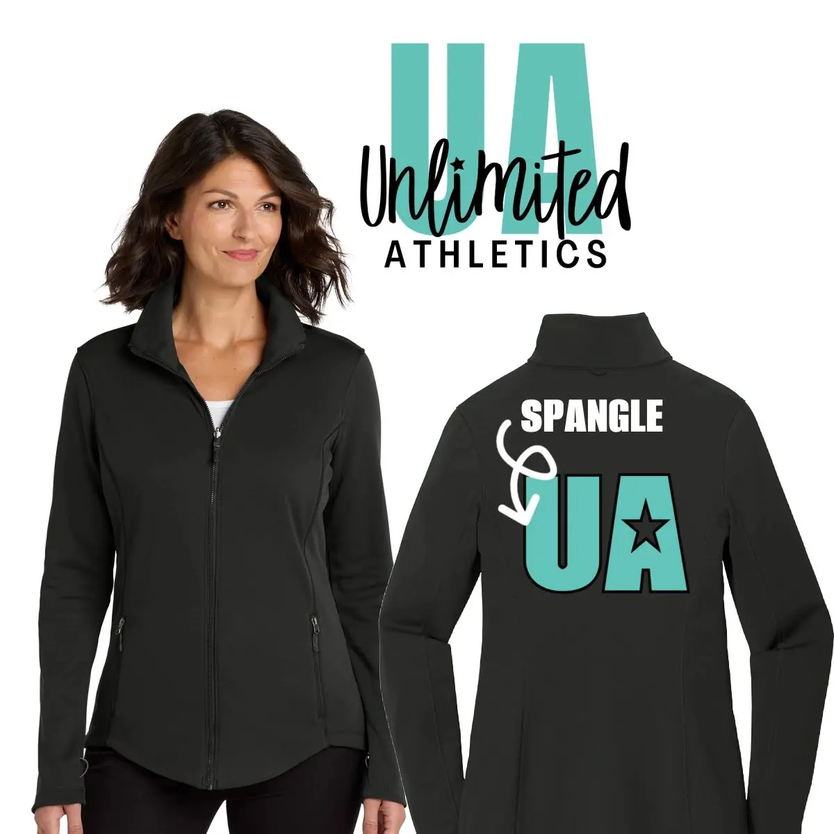 A woman wearing black jacket with the word " spangle ua " on it.