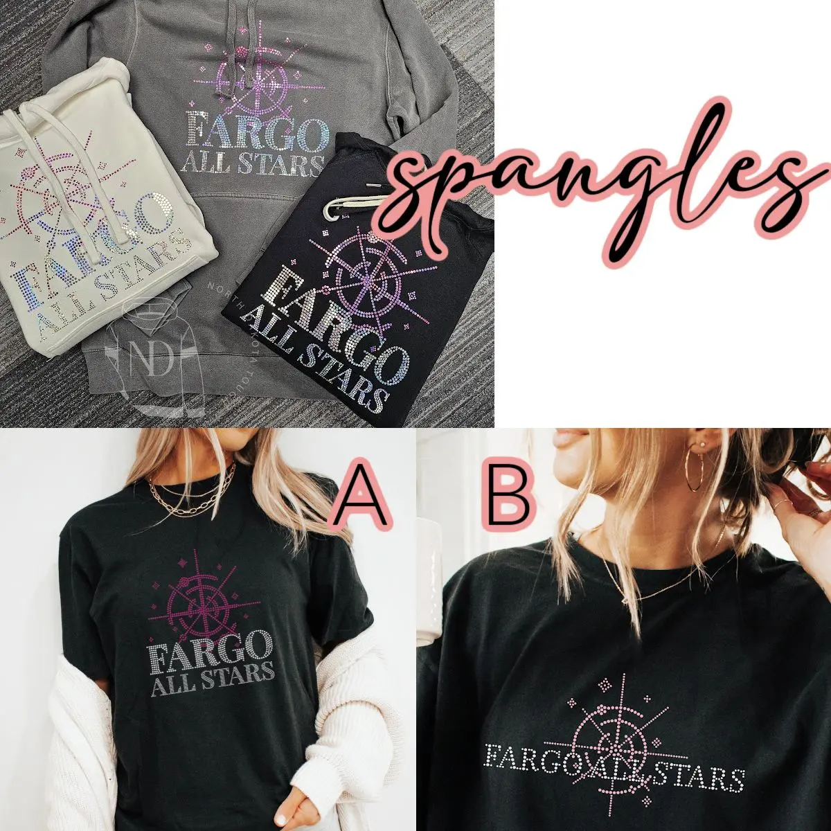 A collage of three different shirts with the words " spangles ".