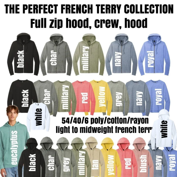 A bunch of different colors of french terry hoodies