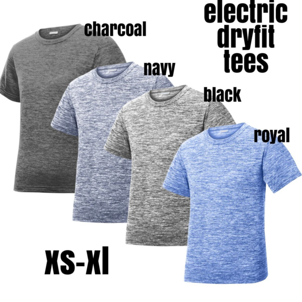 A group of different colored electric dryfit shirts.