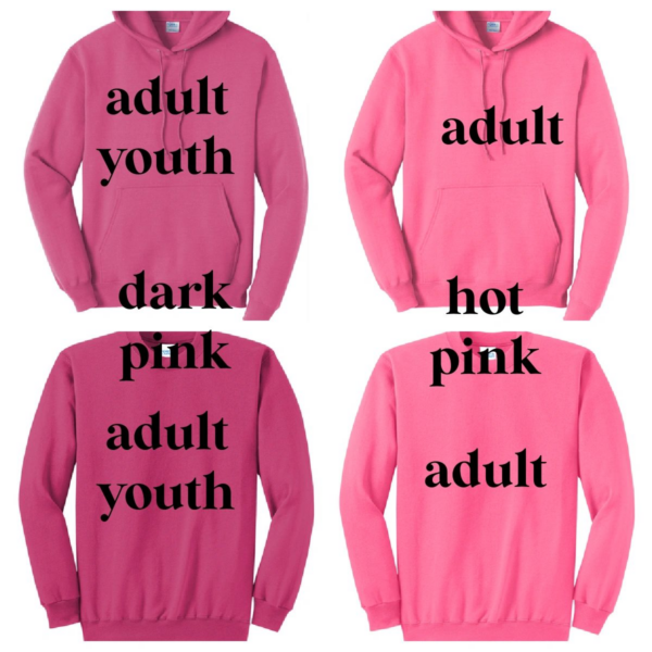 A pink hoodie with adult youth written on it.