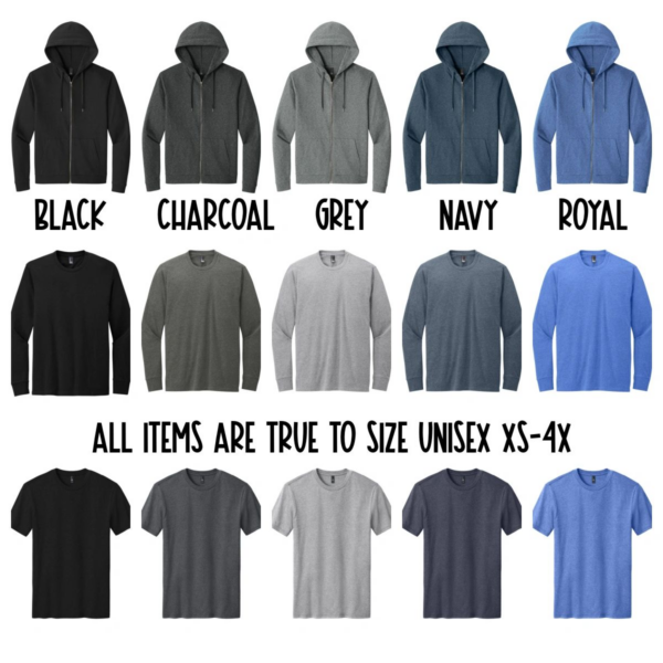 A color chart of different colors and sizes of shirts.