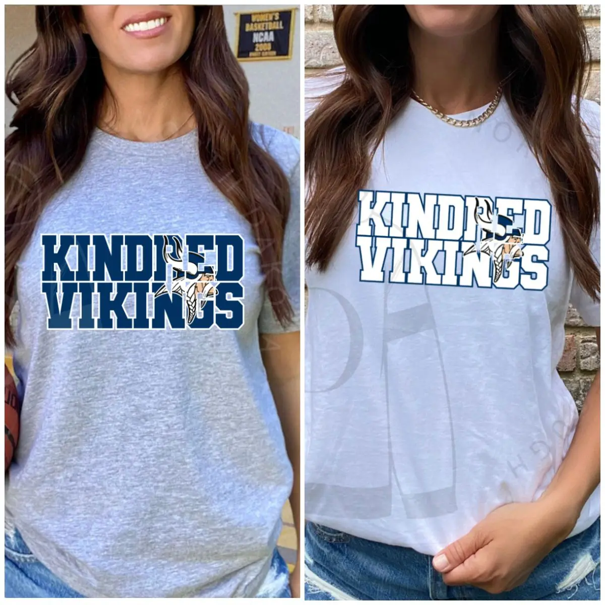 Two women wearing t-shirts with the words kindred vikings on them.
