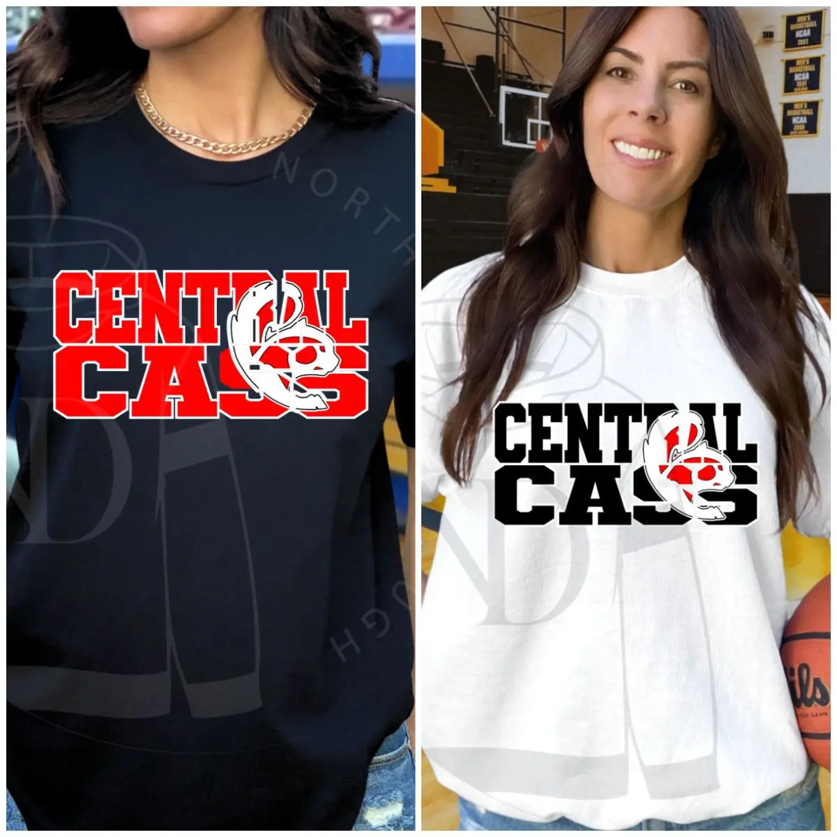 Two women wearing shirts with the words " central cass ".