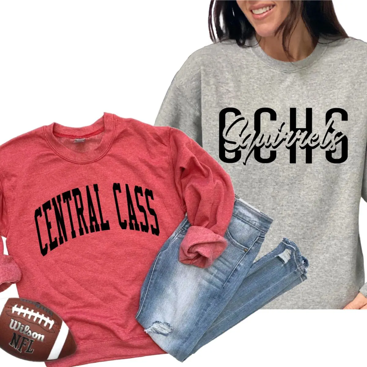 A woman wearing jeans and a sweatshirt with the words central cass on it.