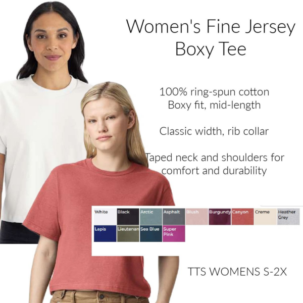 A women 's fine jersey boxy tee with a classic fit.