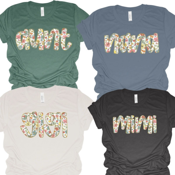 A group of four shirts with different colored letters.