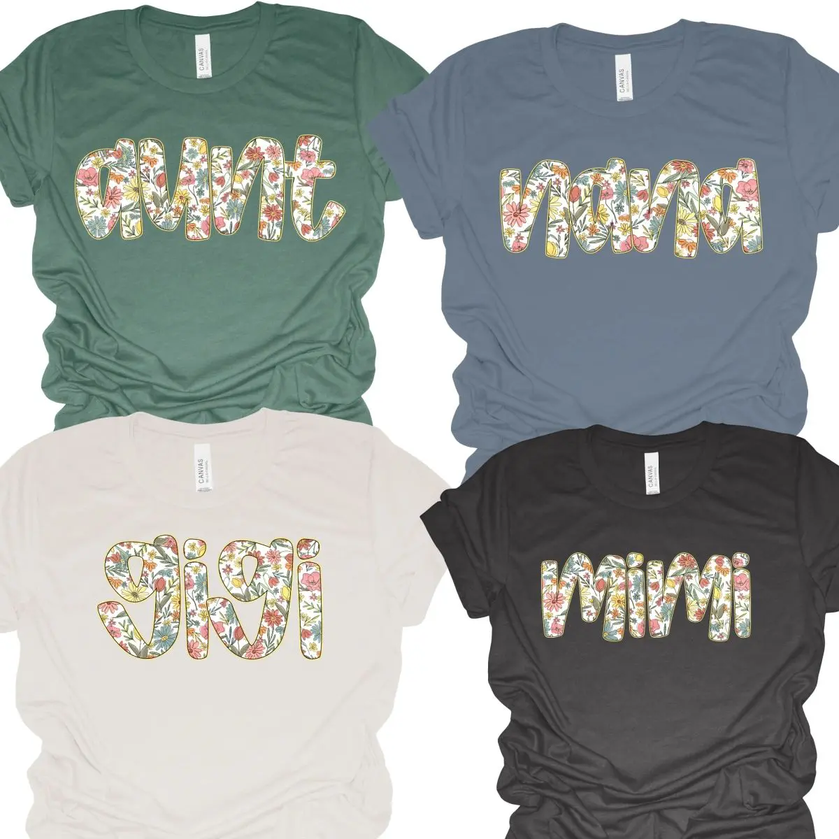 A group of four shirts with different colored letters.
