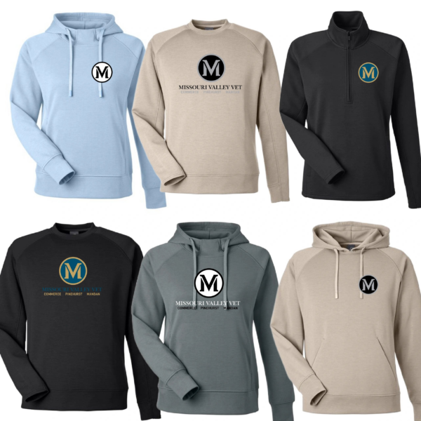 A group of six different colored hoodies.