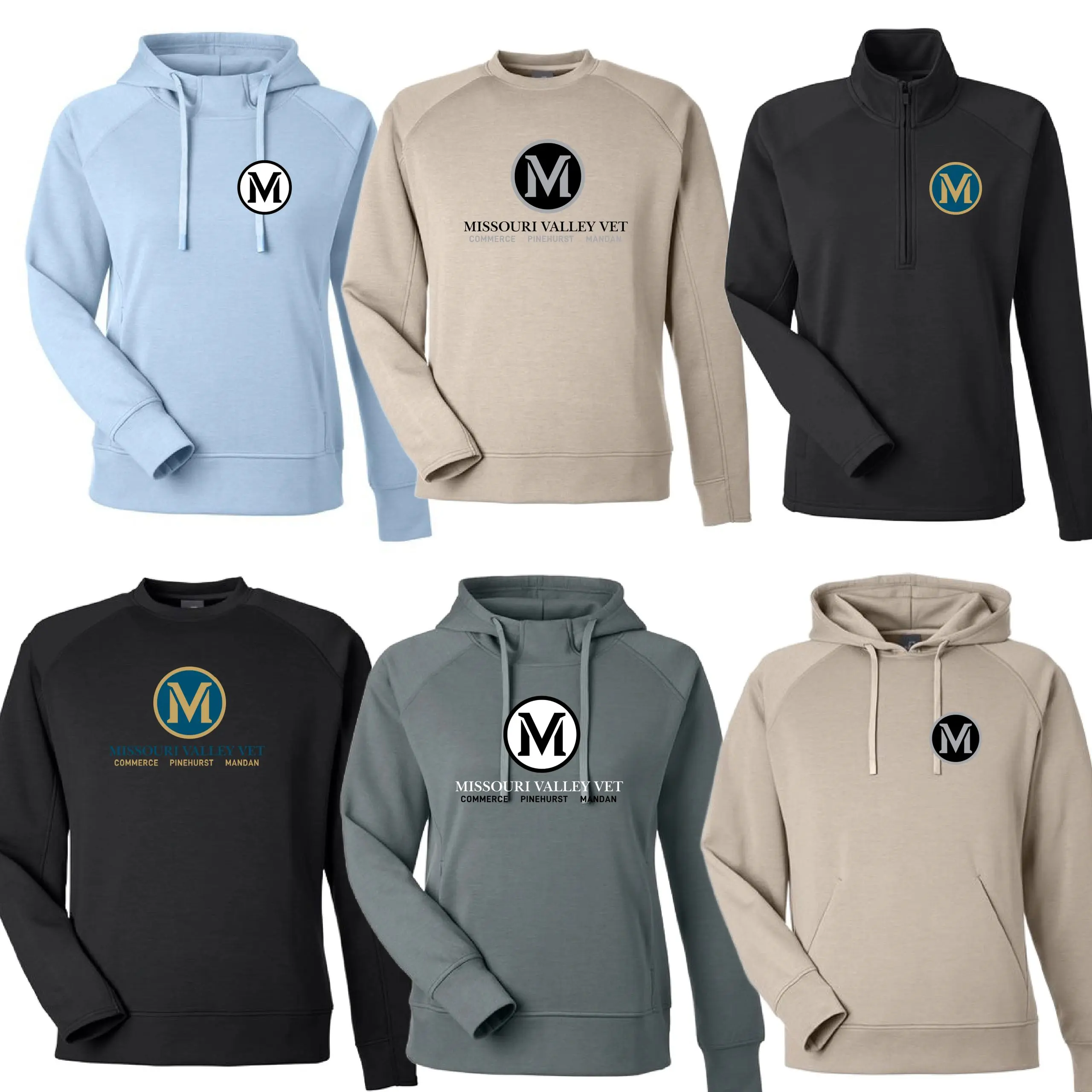A group of six different colored hoodies.