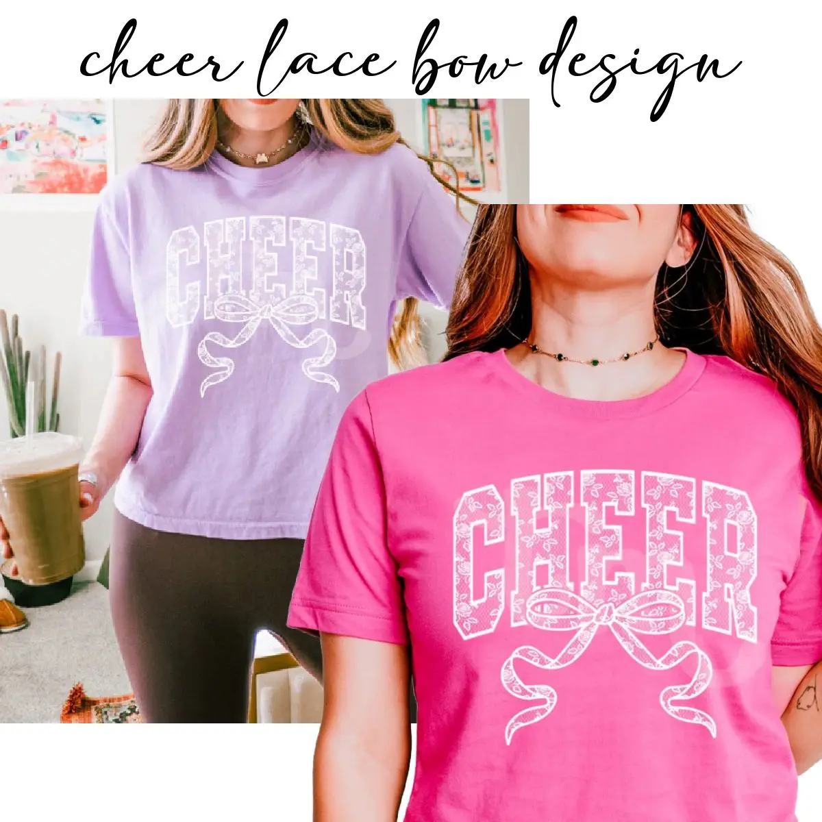 A purple and pink shirt with the word cheer on it.