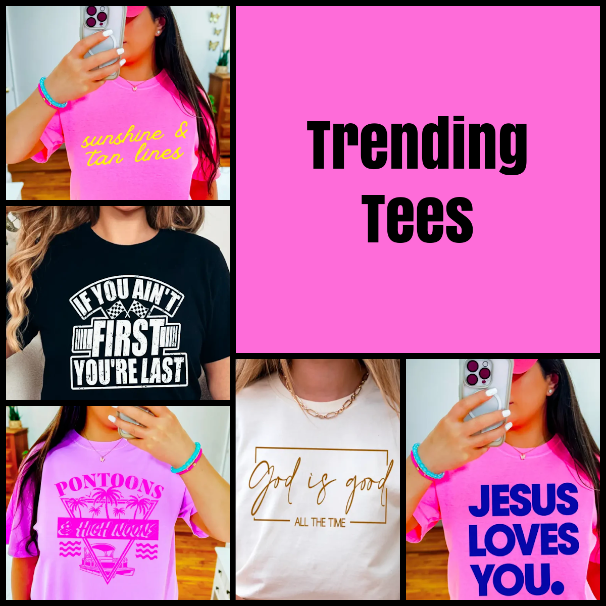 A collage of different types of t-shirts with the words " trending tees ".
