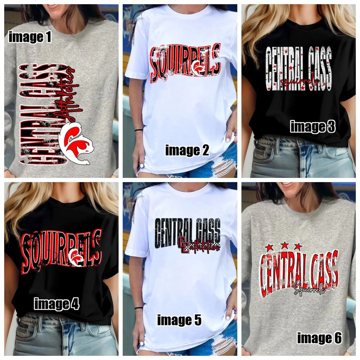 A group of six different shirts with the same image on them.
