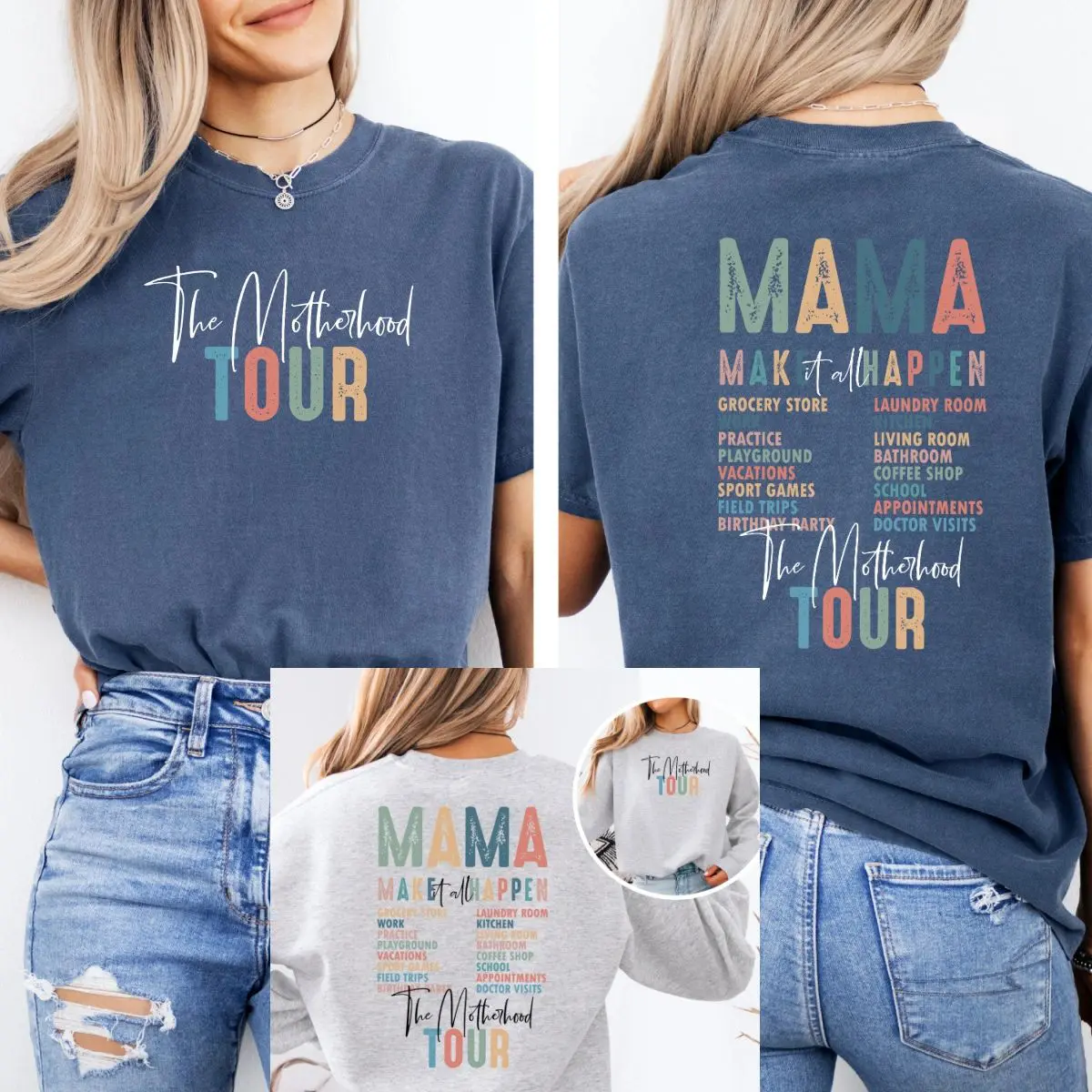 A collage of different views of the mama shirt.