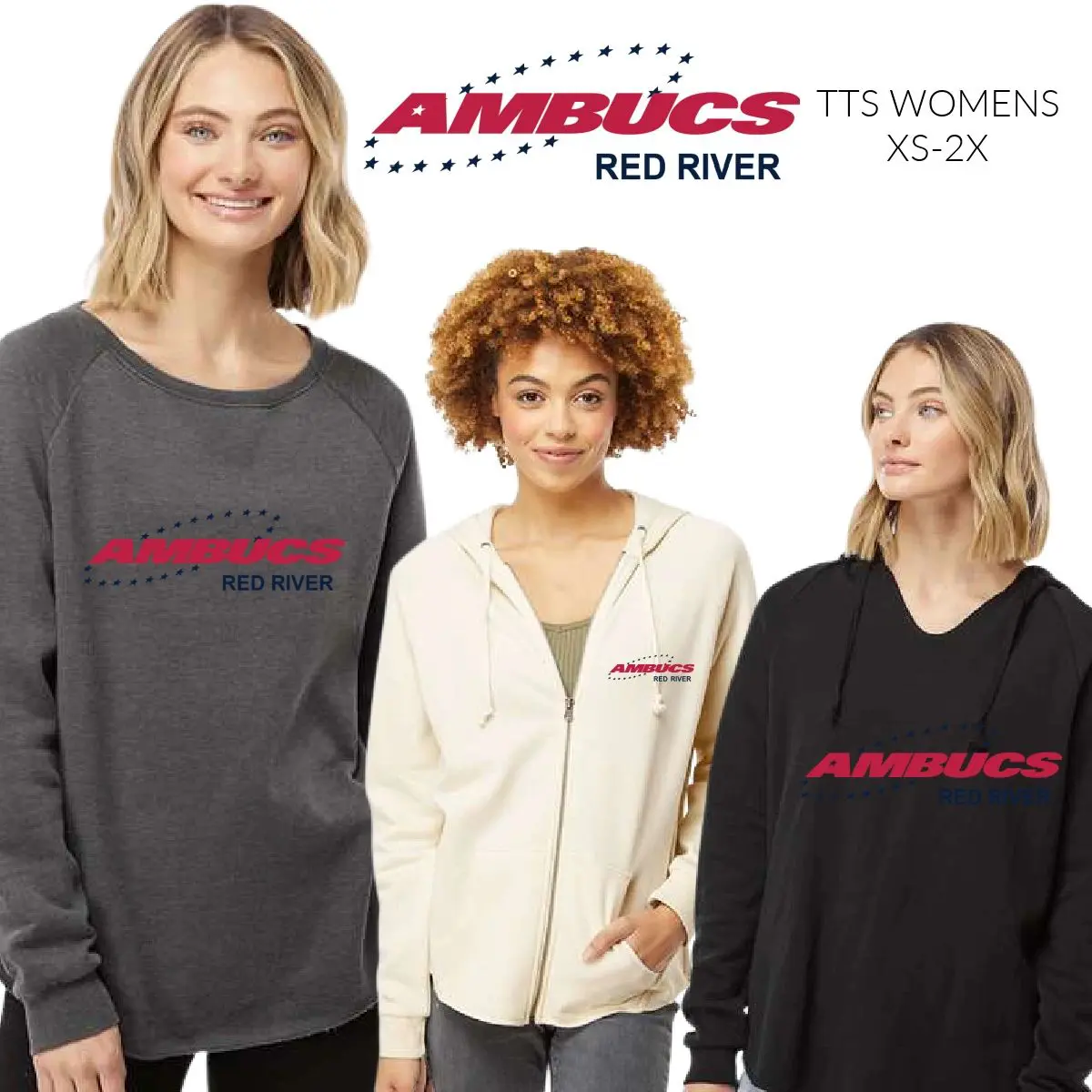 Three women wearing different colors of shirts and one woman is holding a black shirt.