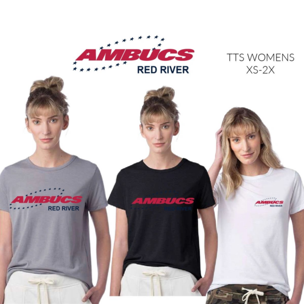 Three women wearing different colored shirts and a white shirt