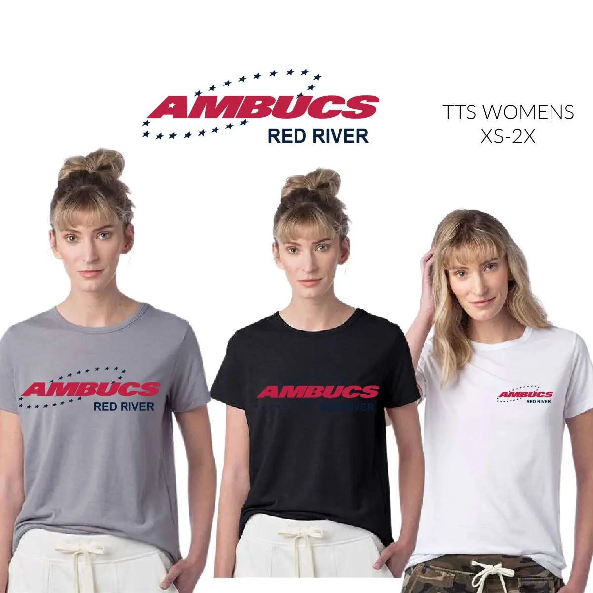 Three women wearing different colored shirts and a white shirt