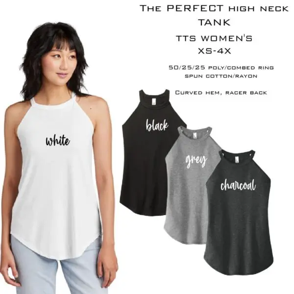 A woman wearing black, white and grey tank tops.