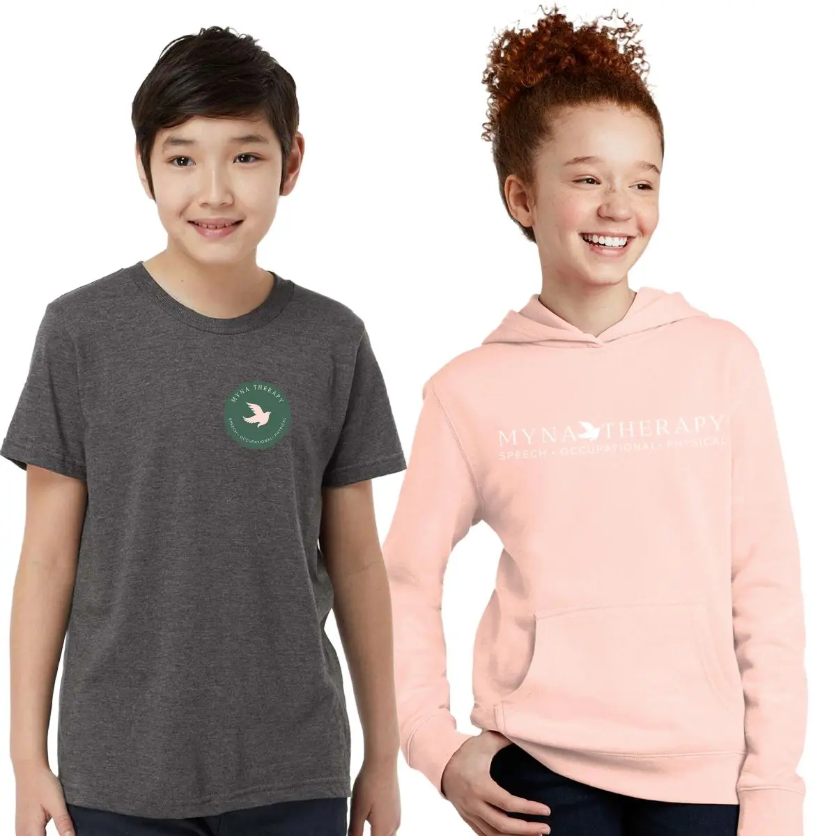 Two kids are smiling and wearing a t-shirt, hoodie and jeans.