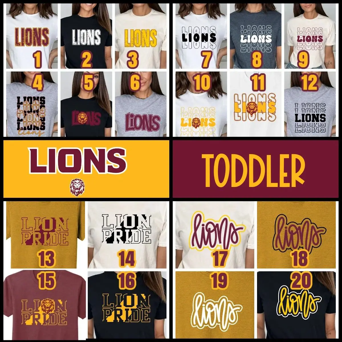 A collection of lions shirts with numbers on them.