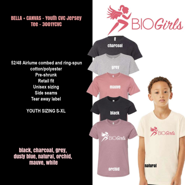 A girl wearing different colored shirts and a pink ribbon.
